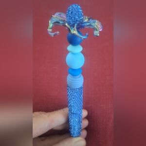 Blue bling rhinestone flower black ink pen & 1 ink refill NEW
